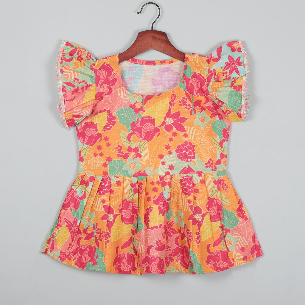 Top With Colorful Lace Border At Roll-up Sleeves And Striped Pant