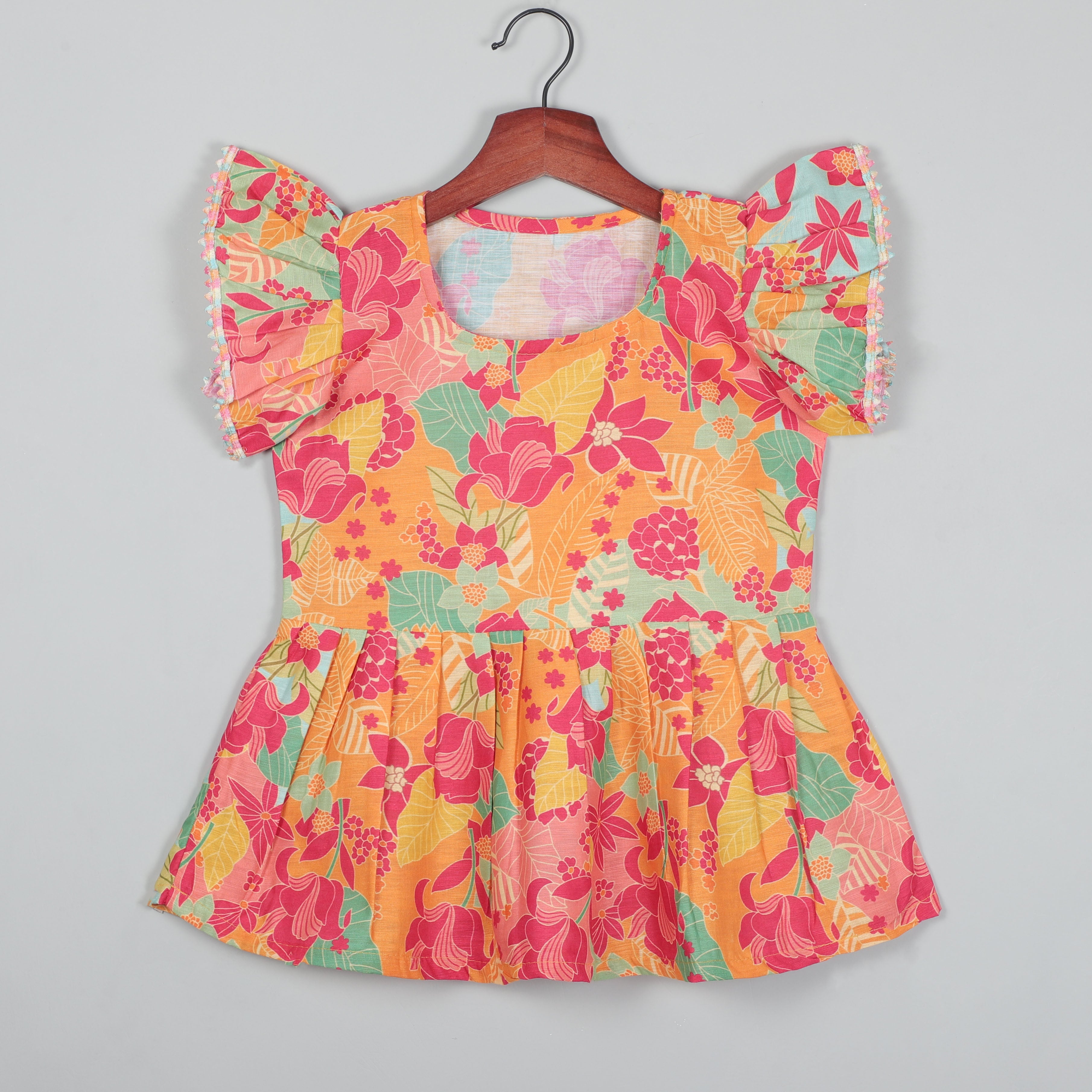 Top With Colorful Lace Border At Roll-up Sleeves And Striped Pant