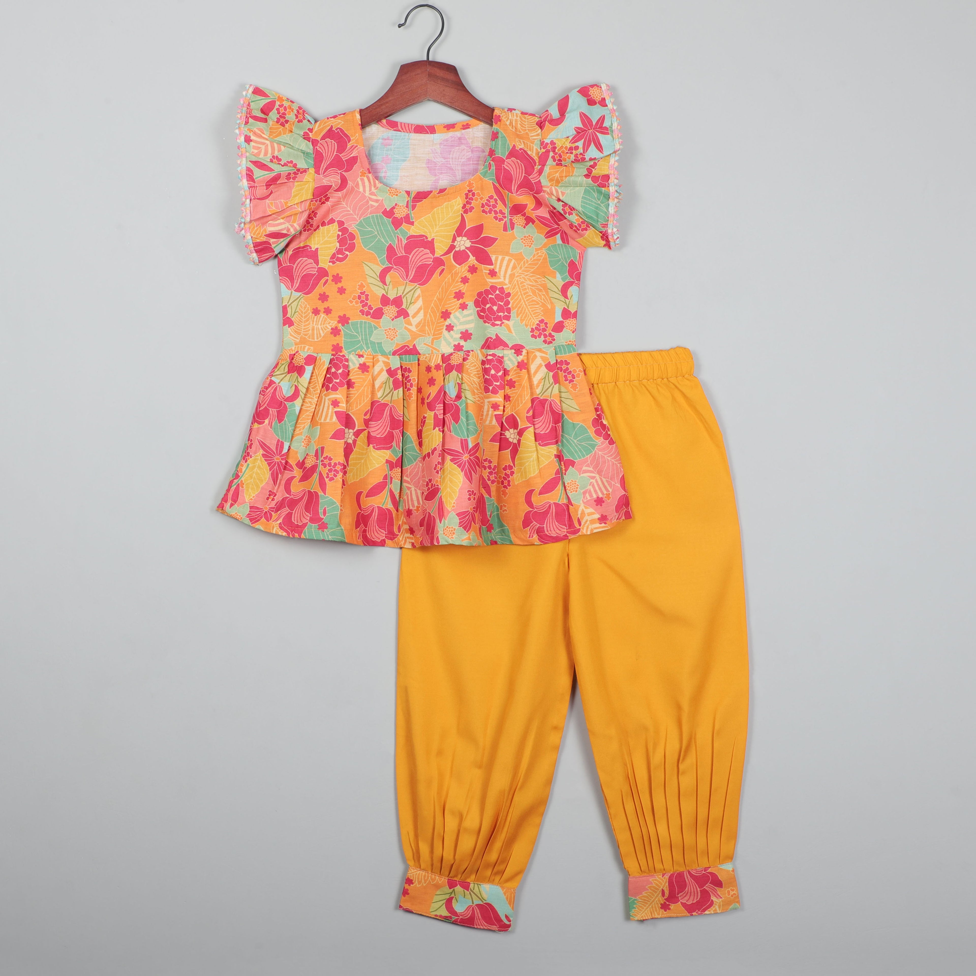 Top With Colorful Lace Border At Roll-up Sleeves And Striped Pant