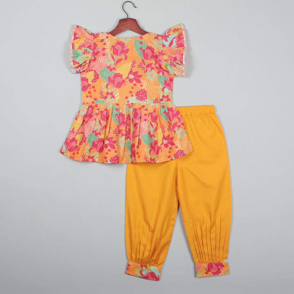 Top With Colorful Lace Border At Roll-up Sleeves And Striped Pant