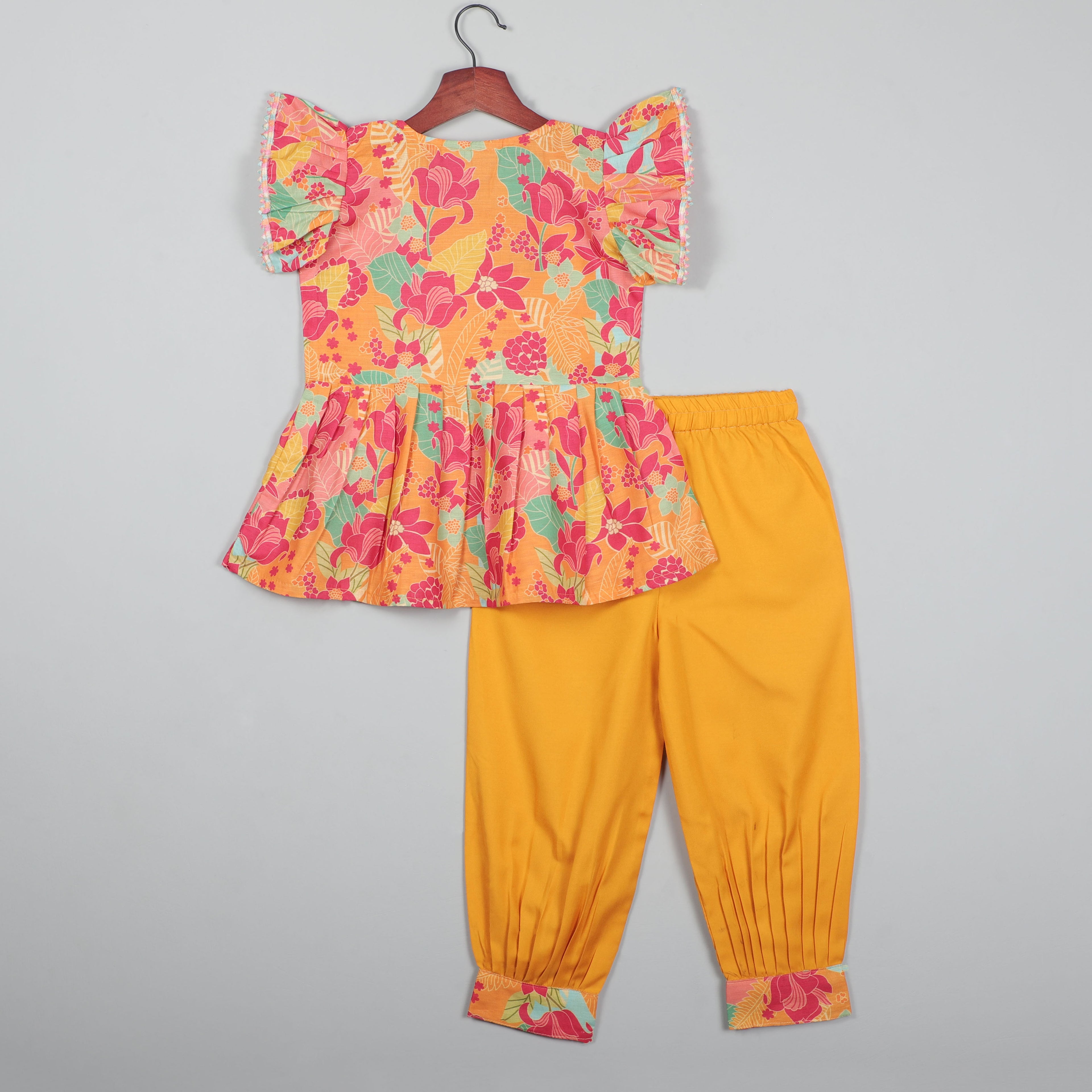 Top With Colorful Lace Border At Roll-up Sleeves And Striped Pant