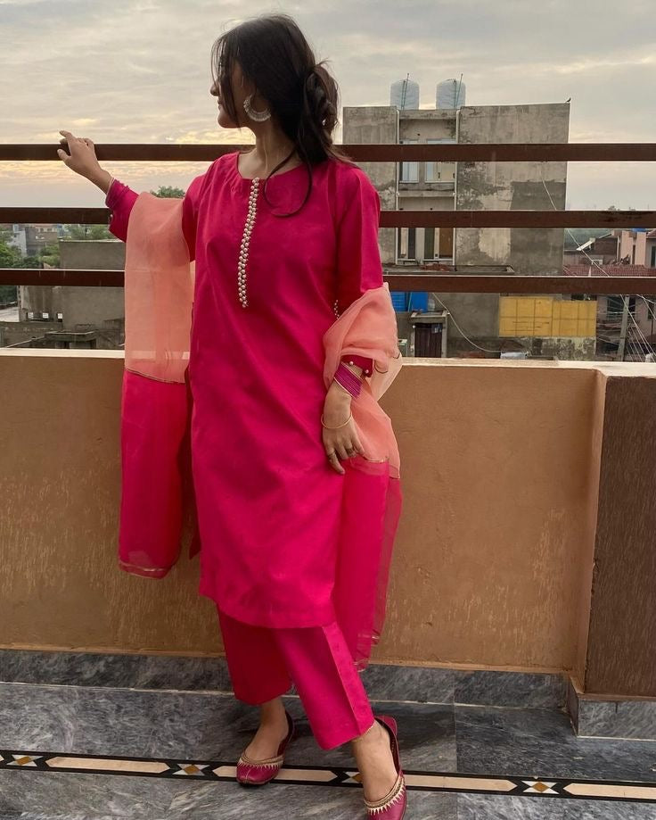 Pink Silk Kurti With Moti Lace, Pant And Two-Tone Dupatta Set