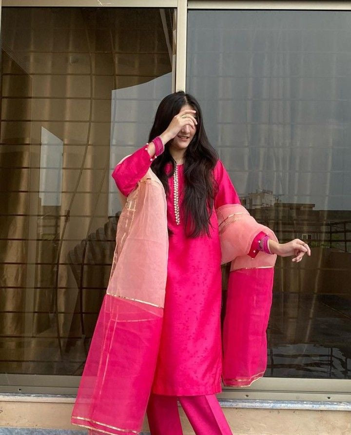 Pink Silk Kurti With Moti Lace, Pant And Two-Tone Dupatta Set