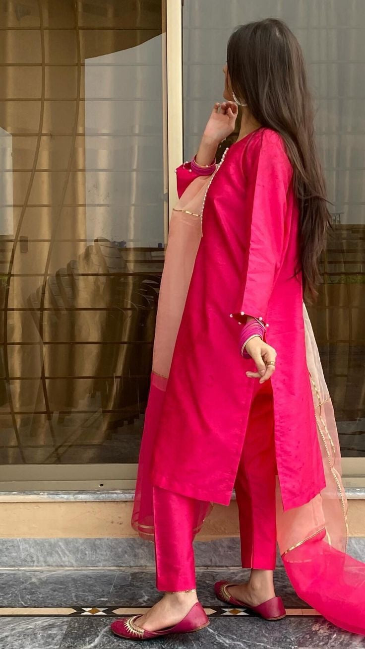 Pink Silk Kurti With Moti Lace, Pant And Two-Tone Dupatta Set