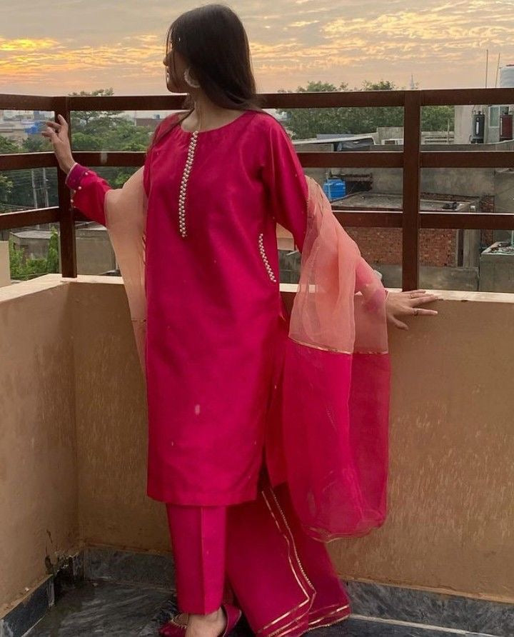Pink Silk Kurti With Moti Lace, Pant And Two-Tone Dupatta Set