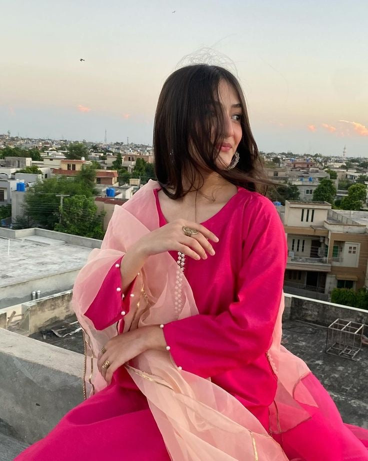 Pink Silk Kurti With Moti Lace, Pant And Two-Tone Dupatta Set