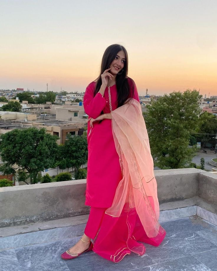 Pink Silk Kurti With Moti Lace, Pant And Two-Tone Dupatta Set