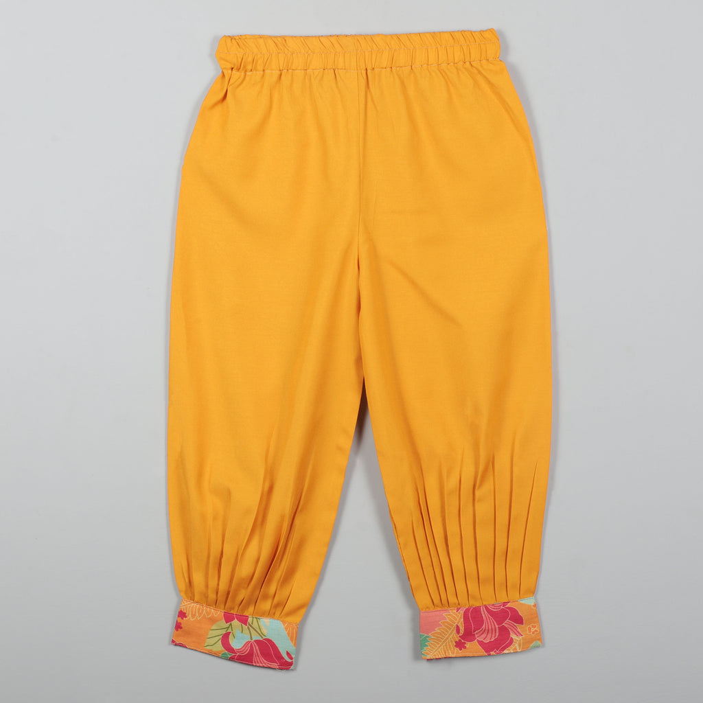 Top With Colorful Lace Border At Roll-up Sleeves And Striped Pant