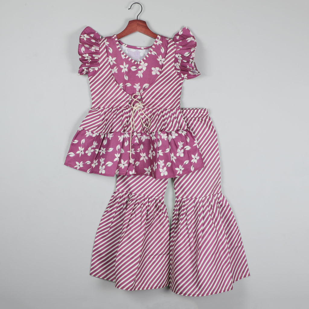 Printed Roll-up Sleeves With Koti Looking Top And Sharara Set