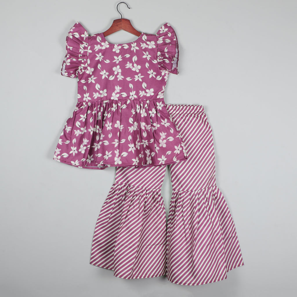 Printed Roll-up Sleeves With Koti Looking Top And Sharara Set