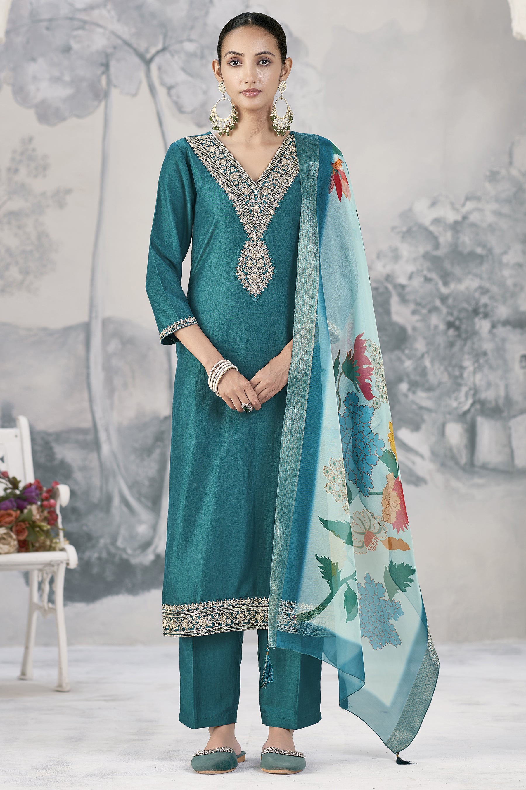 Embroidered Kurta With Pant And Jaquared Printed Dupatta Set