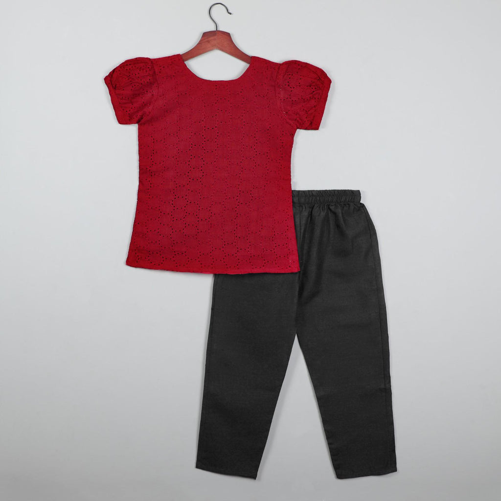 Puffy Short Sleeves Maroon Balloon Dot Top With Pant