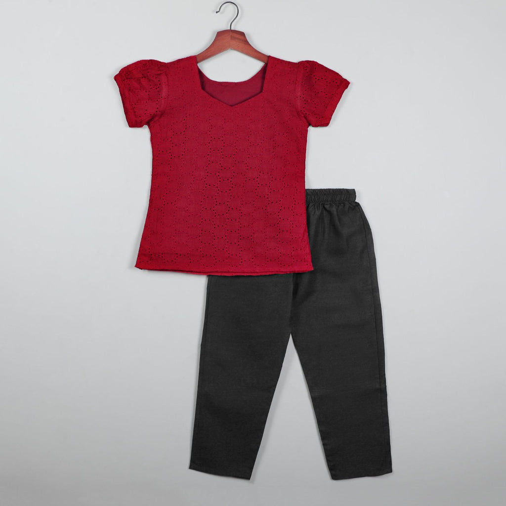 Puffy Short Sleeves Maroon Balloon Dot Top With Pant