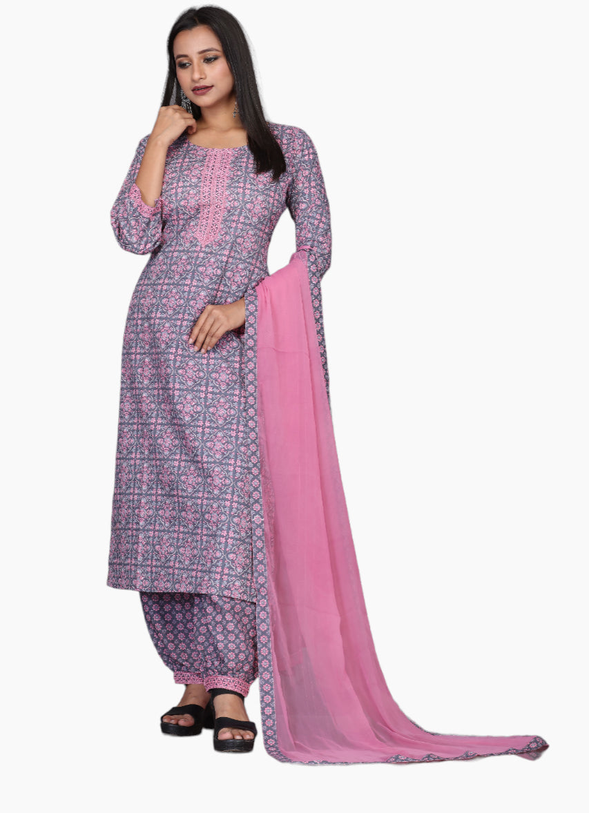 Rayon Printed Kurti And Chudidar Set With Same Bordered Dupatta