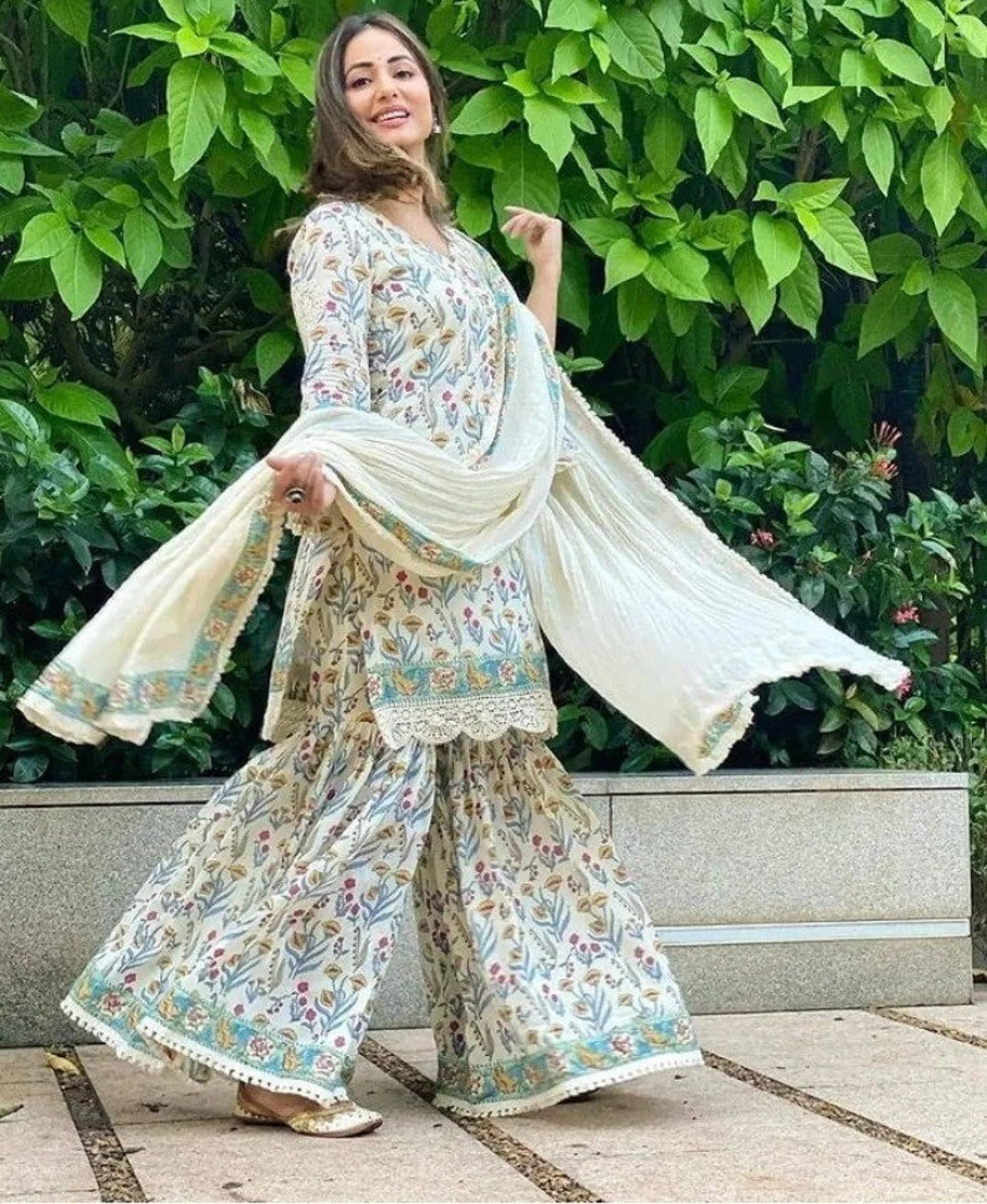 Printed Kurti, Sharara And Dupatta Set With Lace Border At Hem