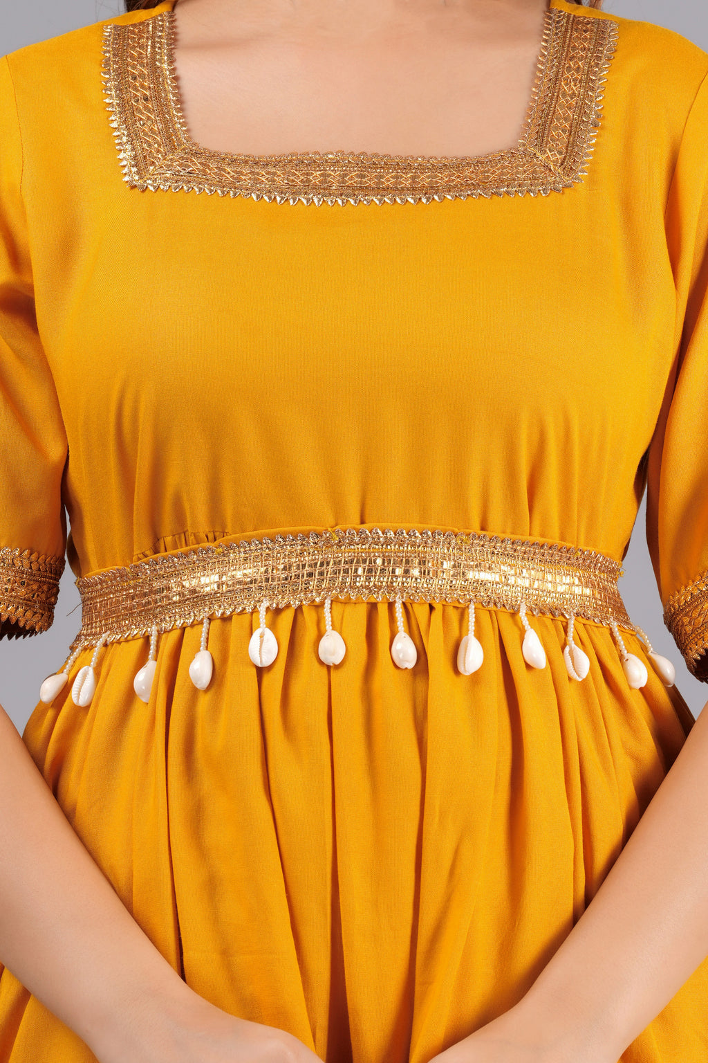 Anarkali Flred Kurti And Sharara Set With Golden Lace Border And Kodi Belt