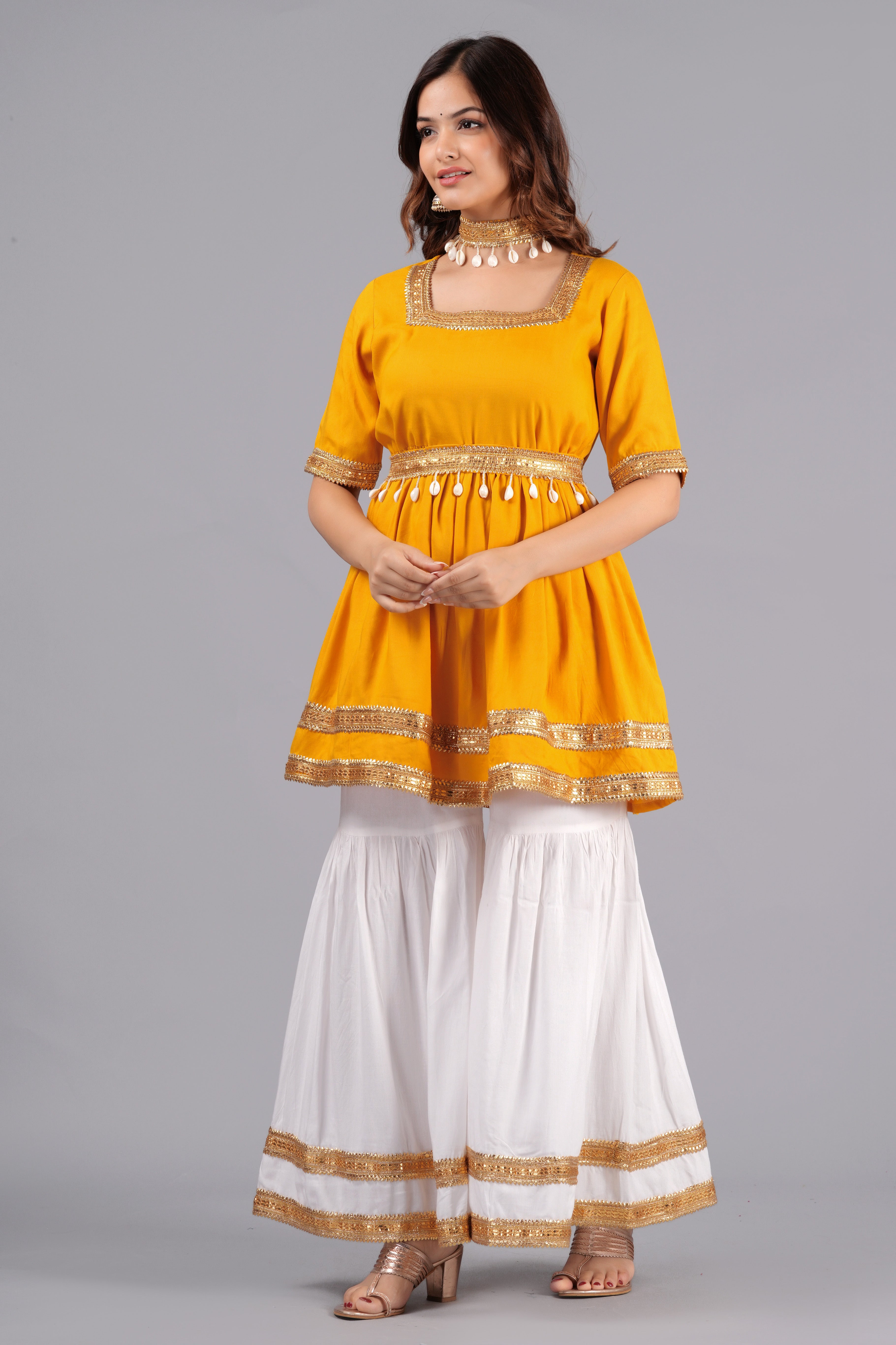 Anarkali Flred Kurti And Sharara Set With Golden Lace Border And Kodi Belt