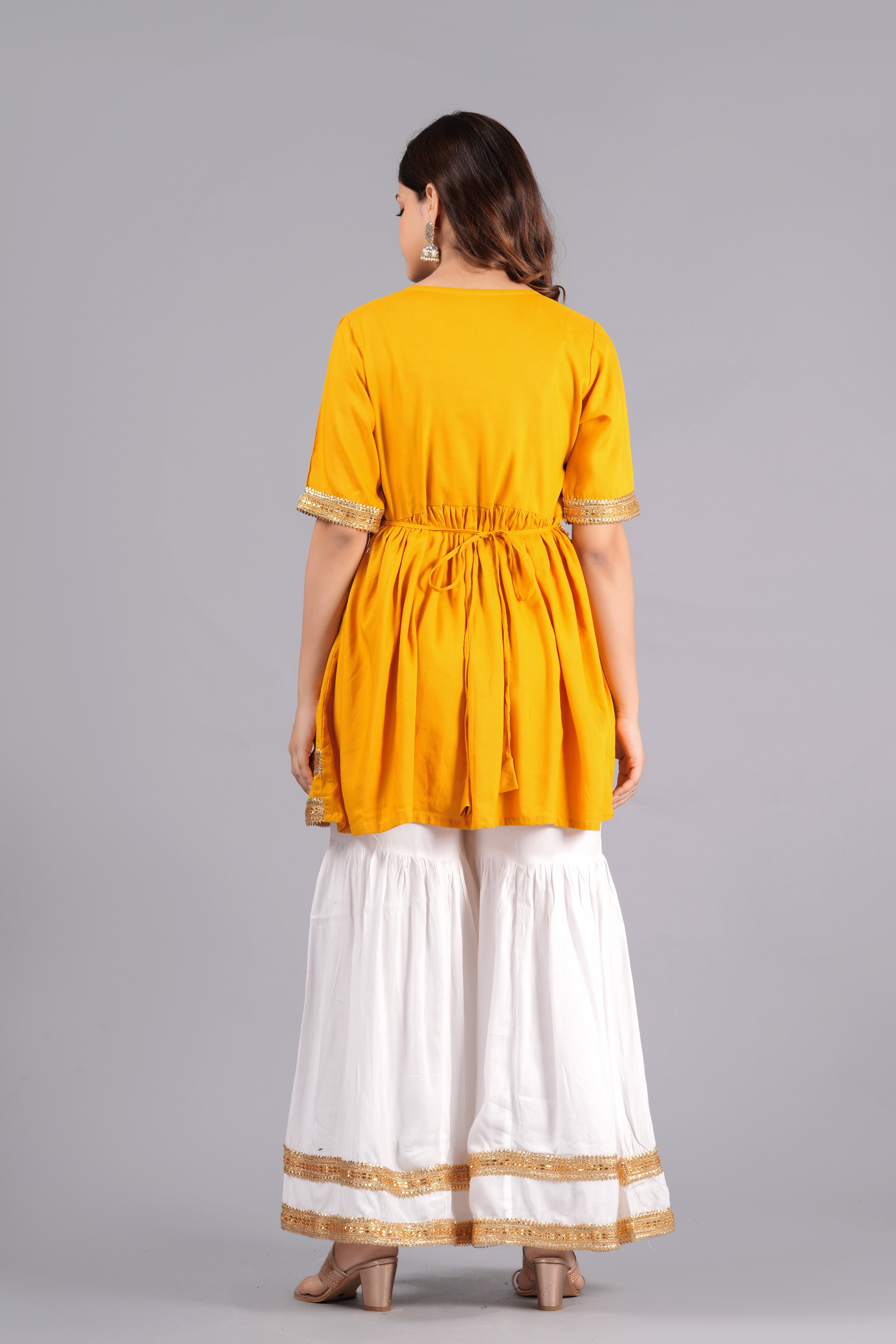 Anarkali Flred Kurti And Sharara Set With Golden Lace Border And Kodi Belt