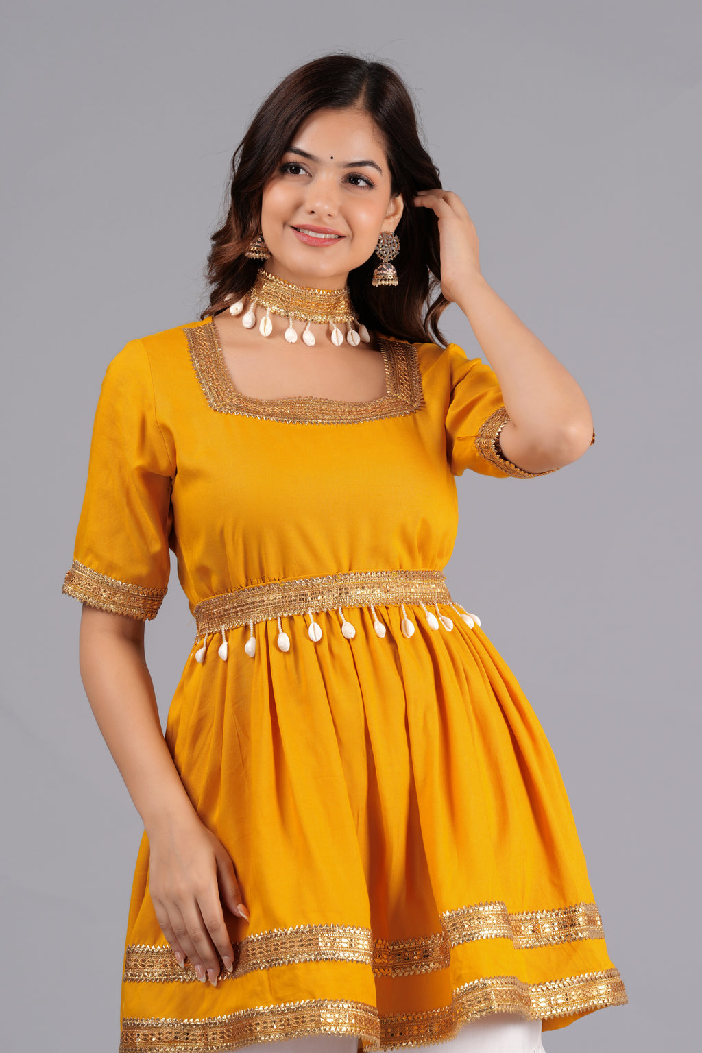 Anarkali Flred Kurti And Sharara Set With Golden Lace Border And Kodi Belt