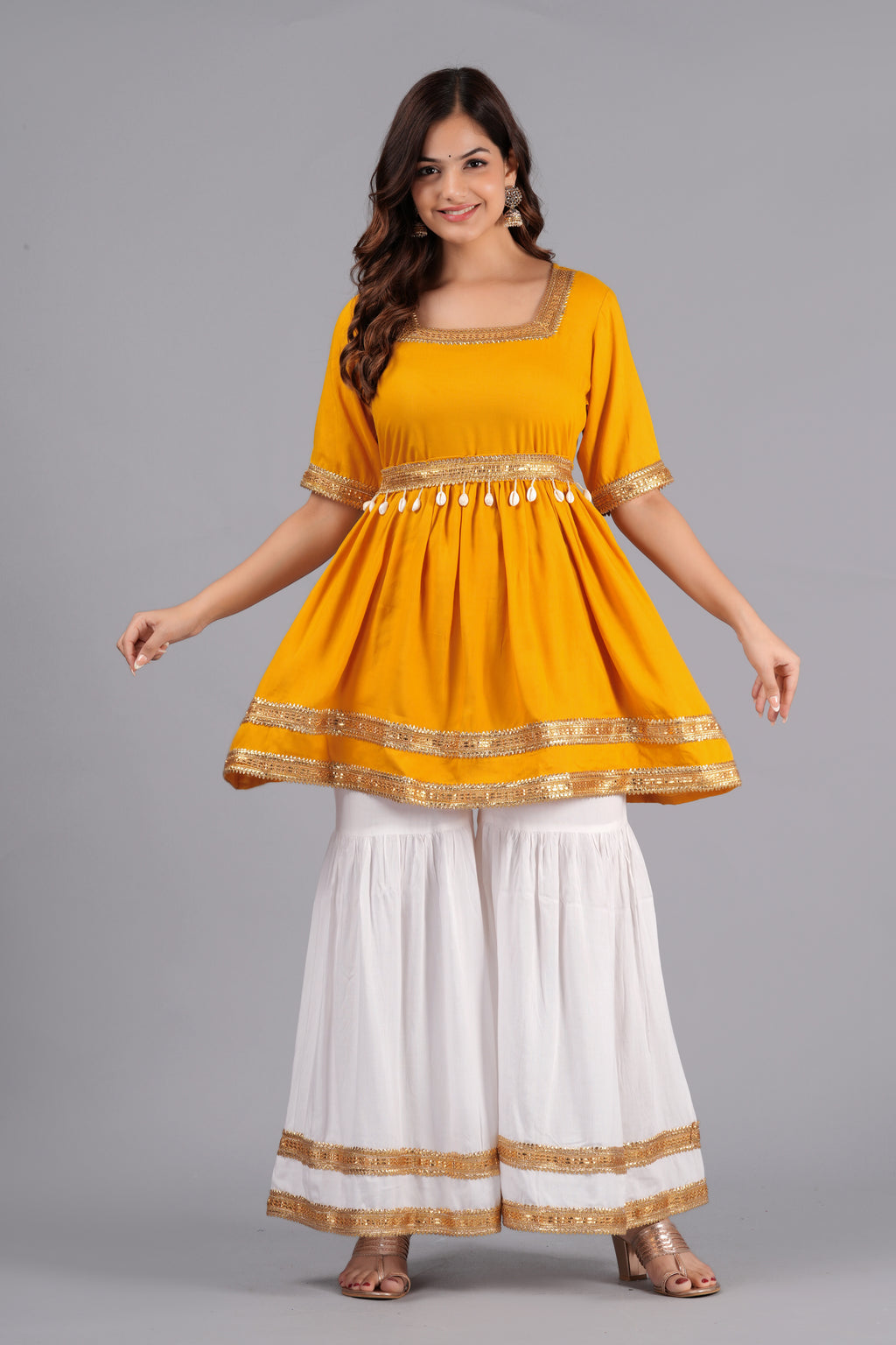 Anarkali Flred Kurti And Sharara Set With Golden Lace Border And Kodi Belt