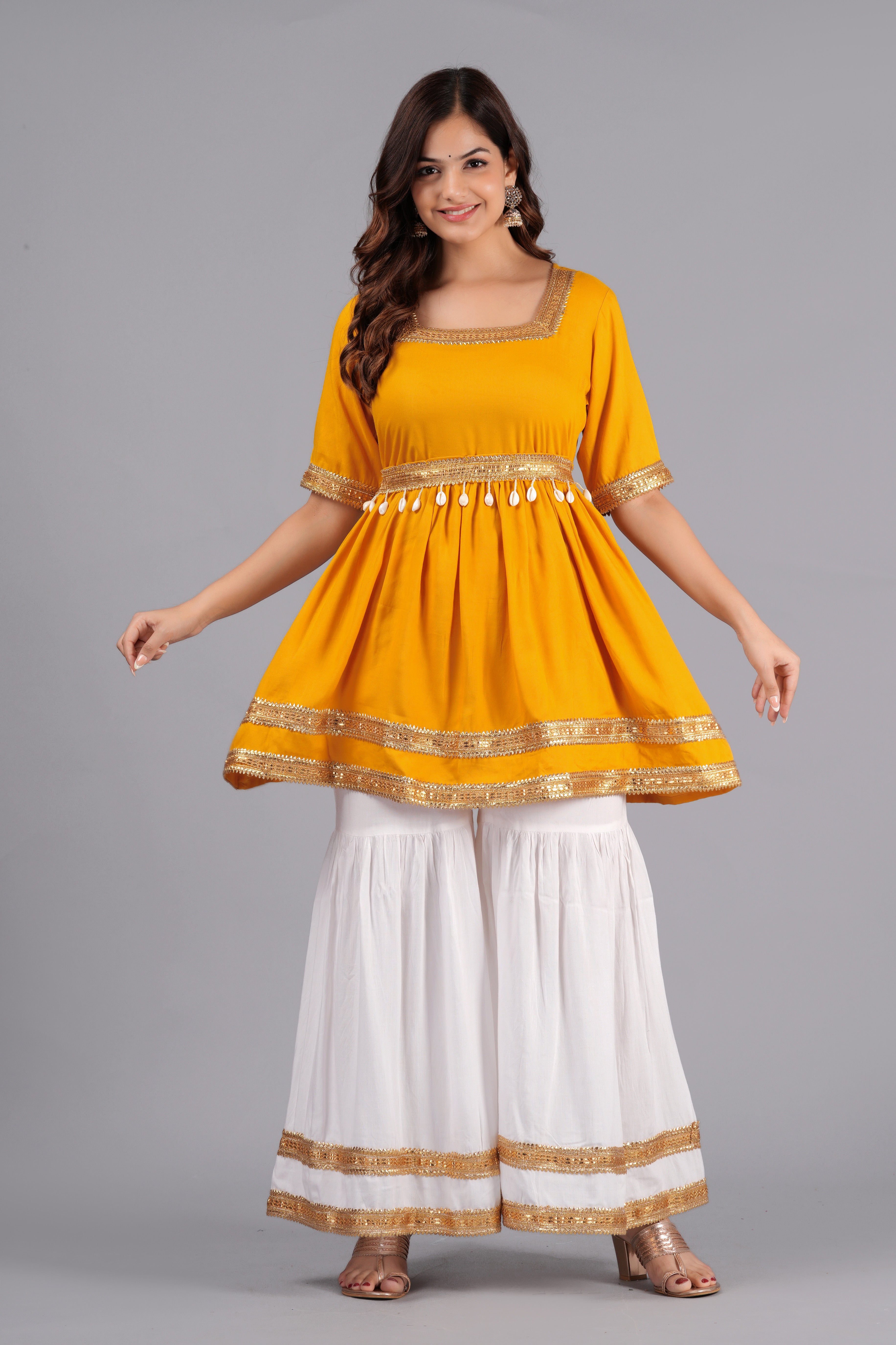 Anarkali Flred Kurti And Sharara Set With Golden Lace Border And Kodi Belt