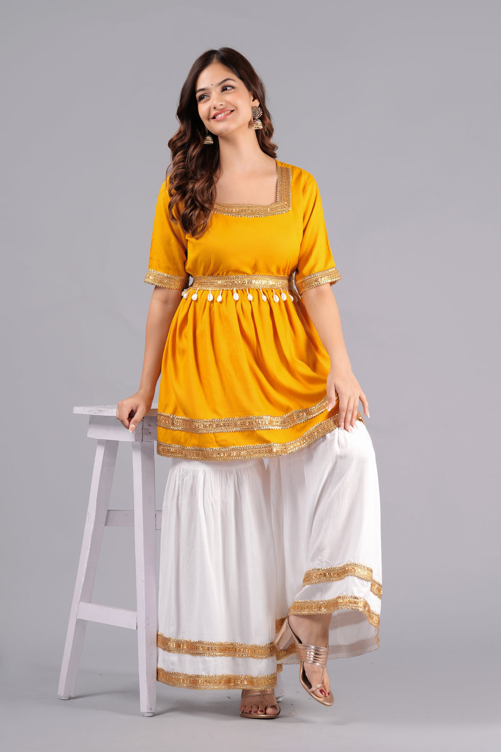 Anarkali Flred Kurti And Sharara Set With Golden Lace Border And Kodi Belt