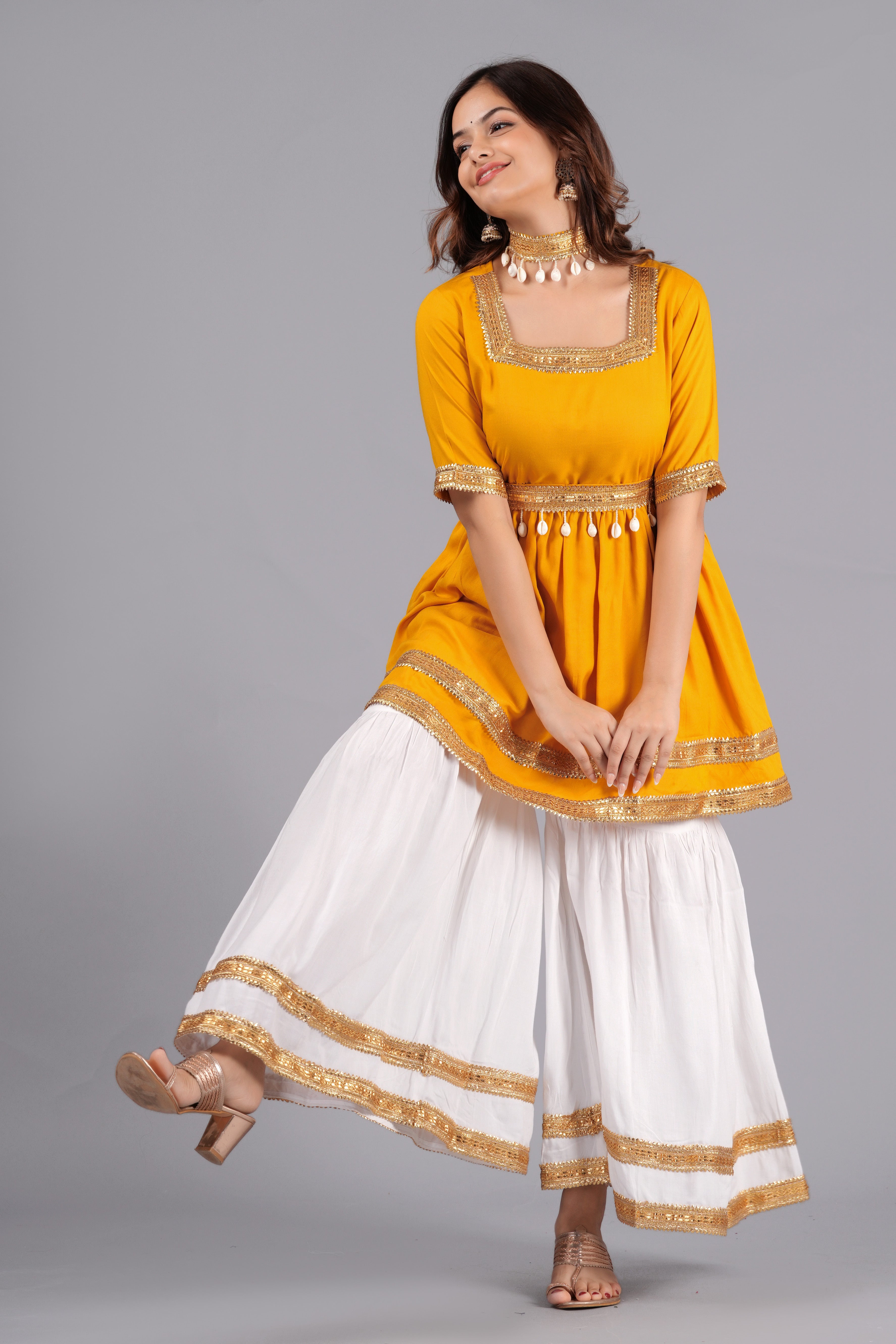 Anarkali Flred Kurti And Sharara Set With Golden Lace Border And Kodi Belt