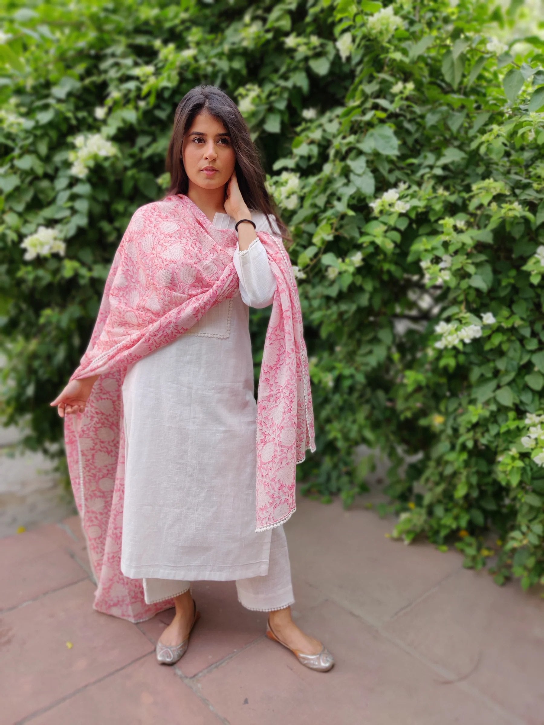 White Kurta With Stitched Lining Work, Pant And Printed Dupatta Set