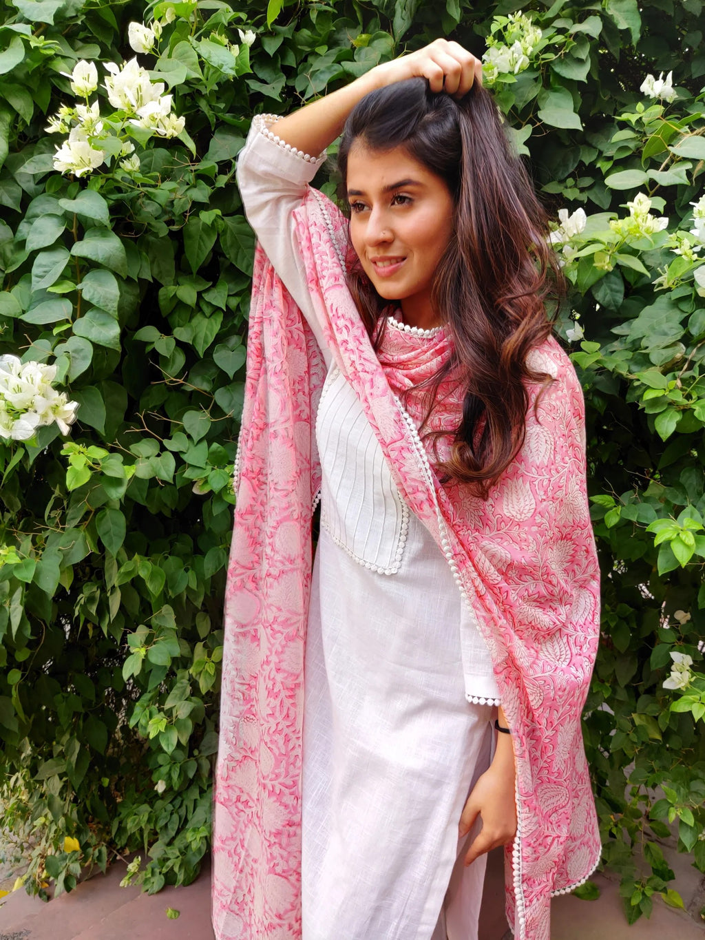 White Kurta With Stitched Lining Work, Pant And Printed Dupatta Set