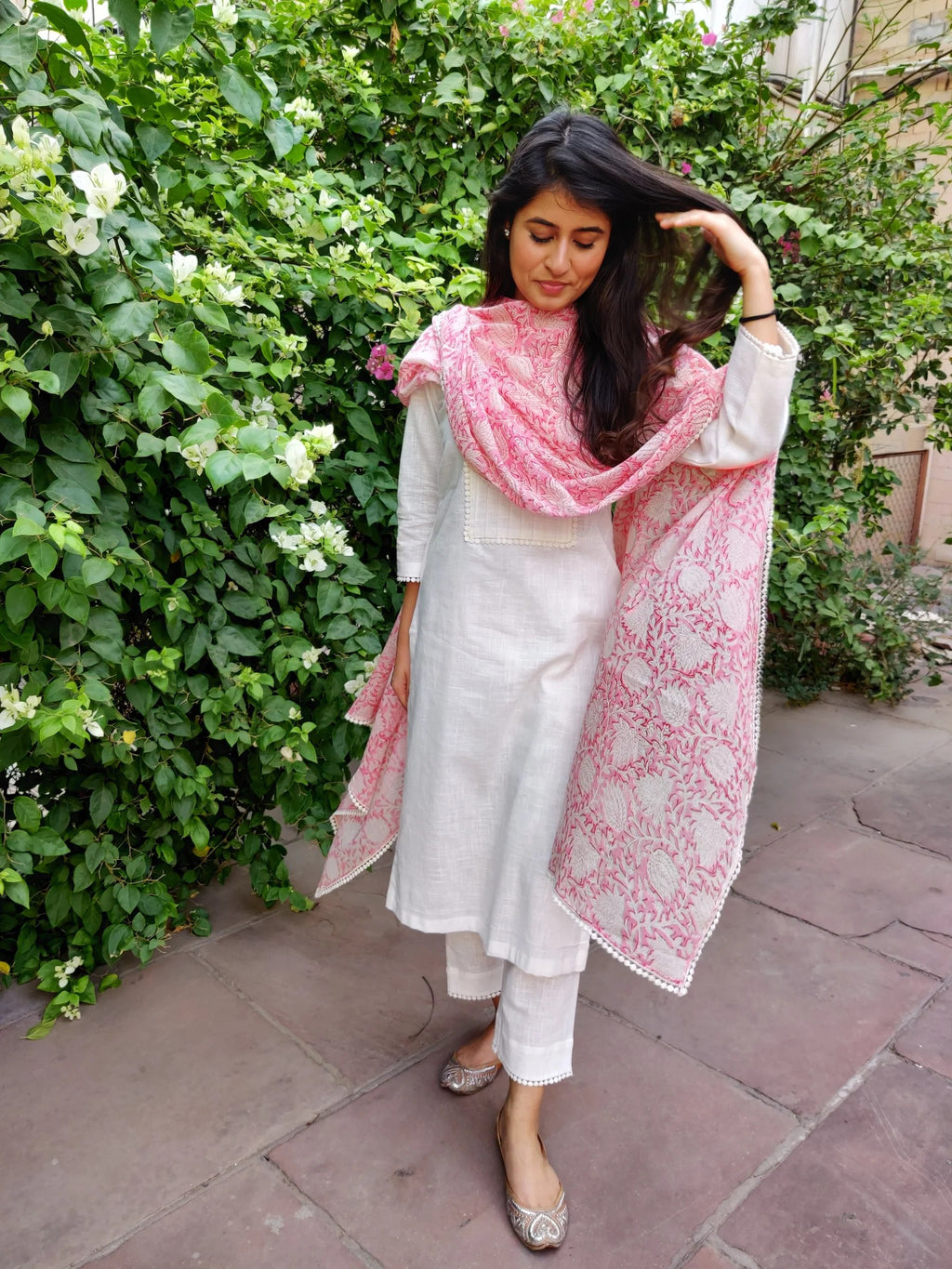 White Kurta With Stitched Lining Work, Pant And Printed Dupatta Set