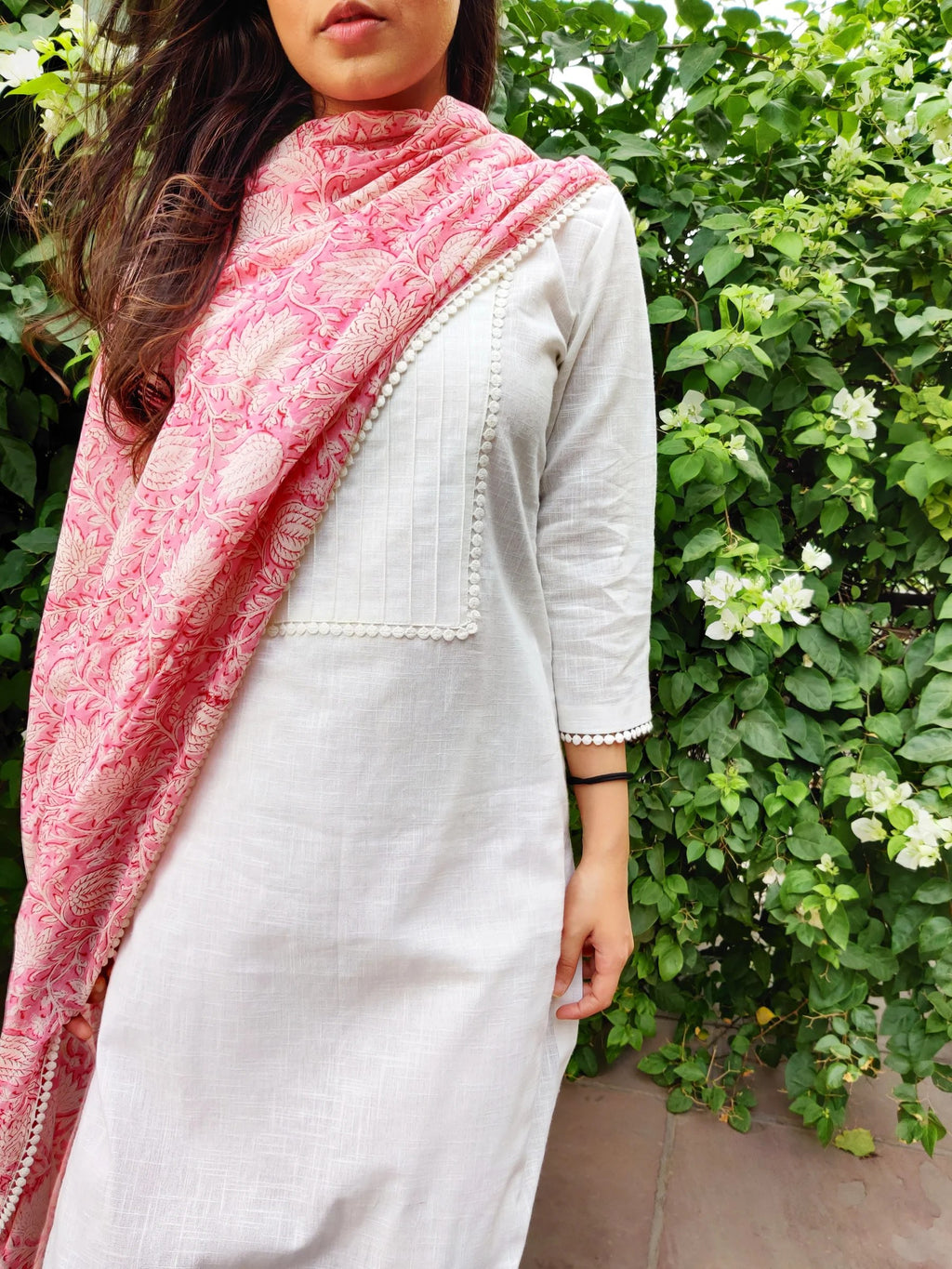 White Kurta With Stitched Lining Work, Pant And Printed Dupatta Set