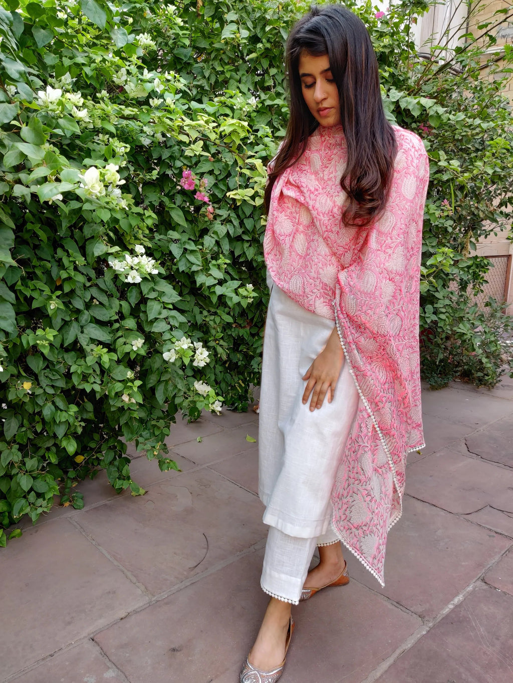 White Kurta With Stitched Lining Work, Pant And Printed Dupatta Set