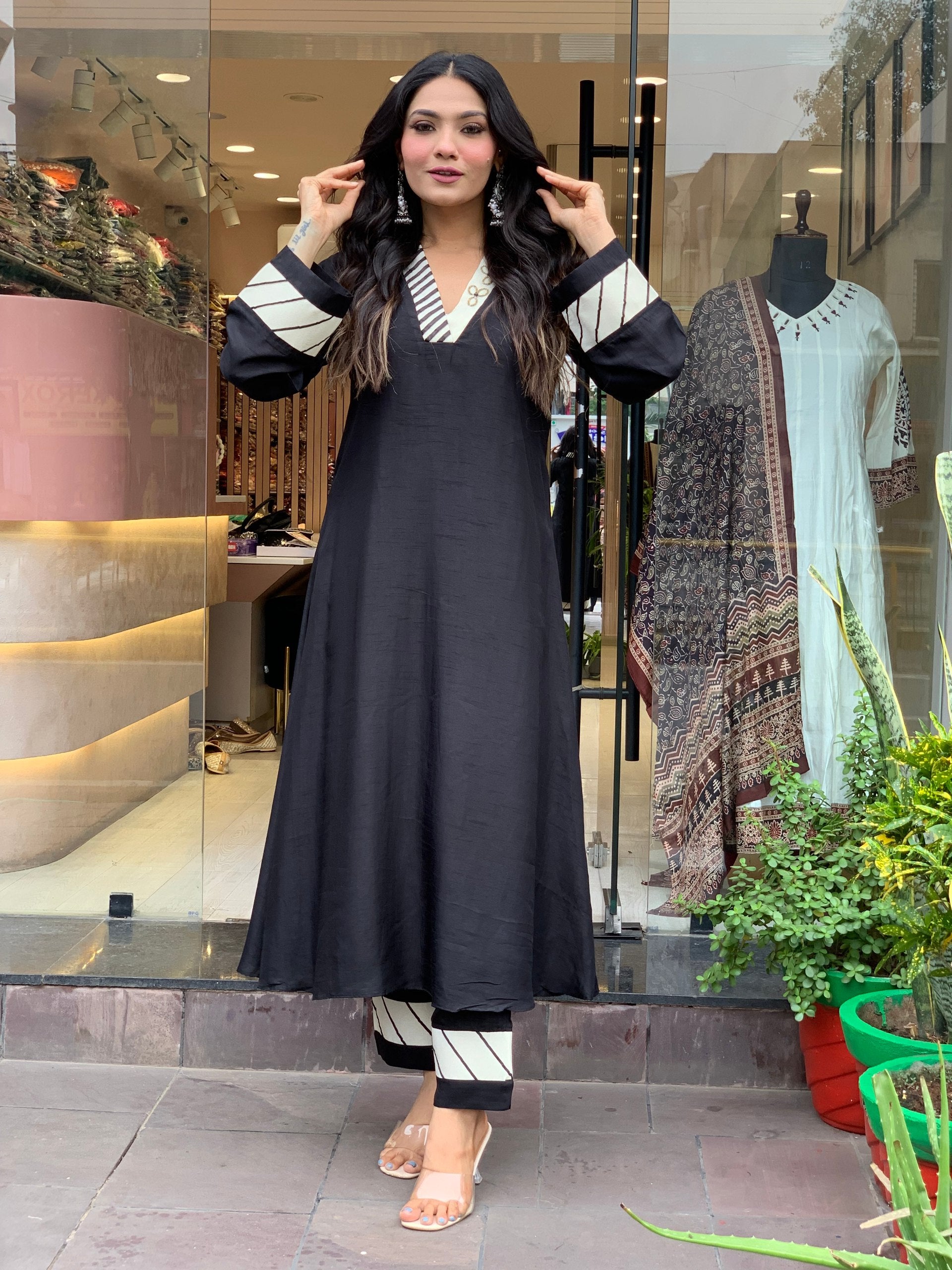 Black Anarkali Kurta With Printed Neck And Sleeve Opening With Pant Set