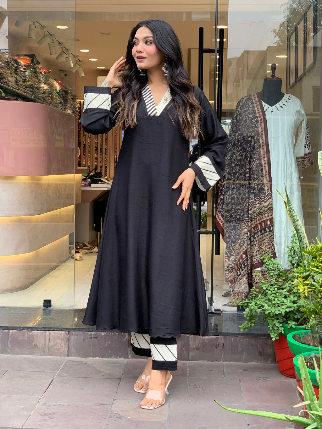 Black Anarkali Kurta With Printed Neck And Sleeve Opening With Pant Set