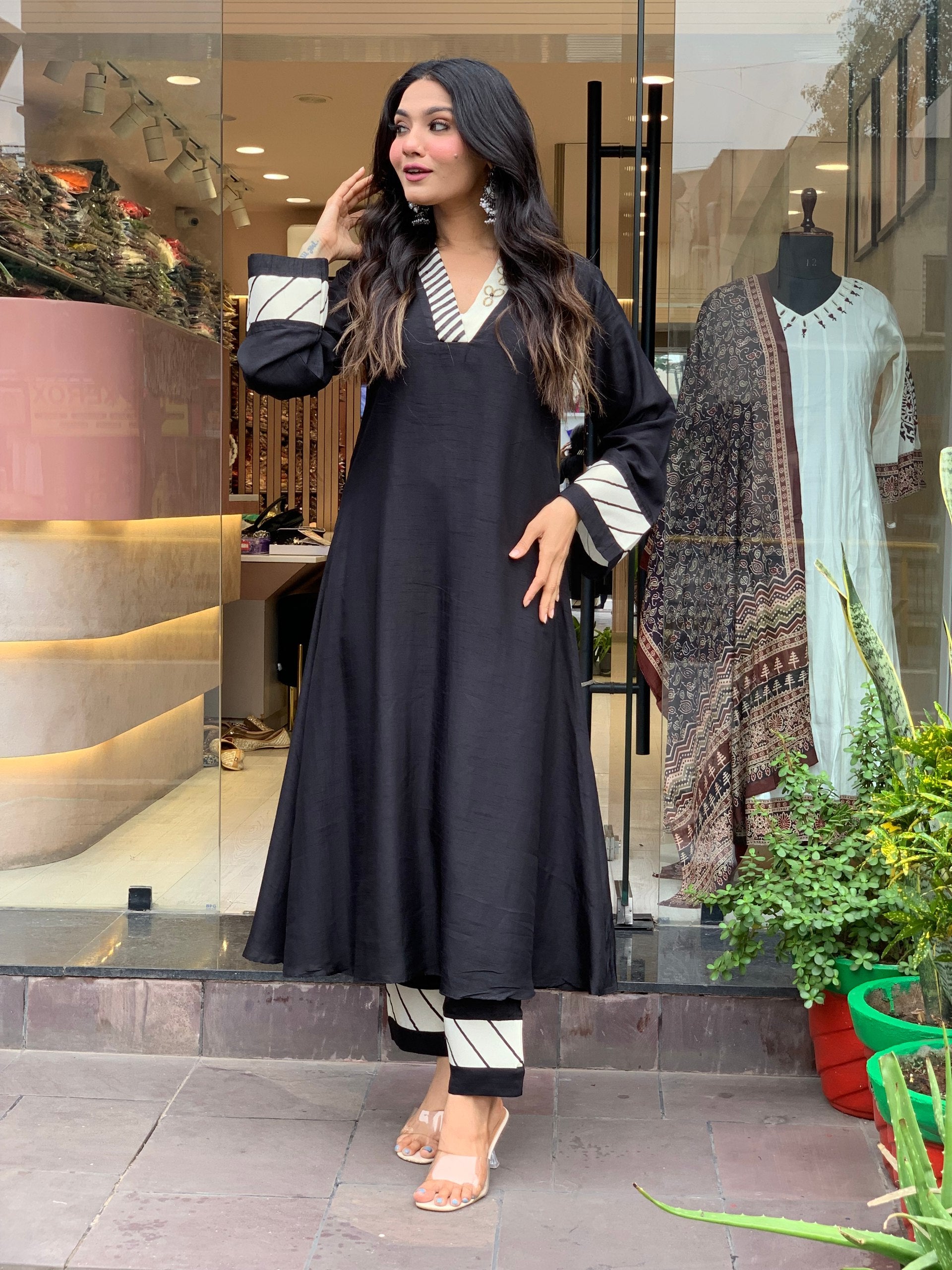 Black Anarkali Kurta With Printed Neck And Sleeve Opening With Pant Set