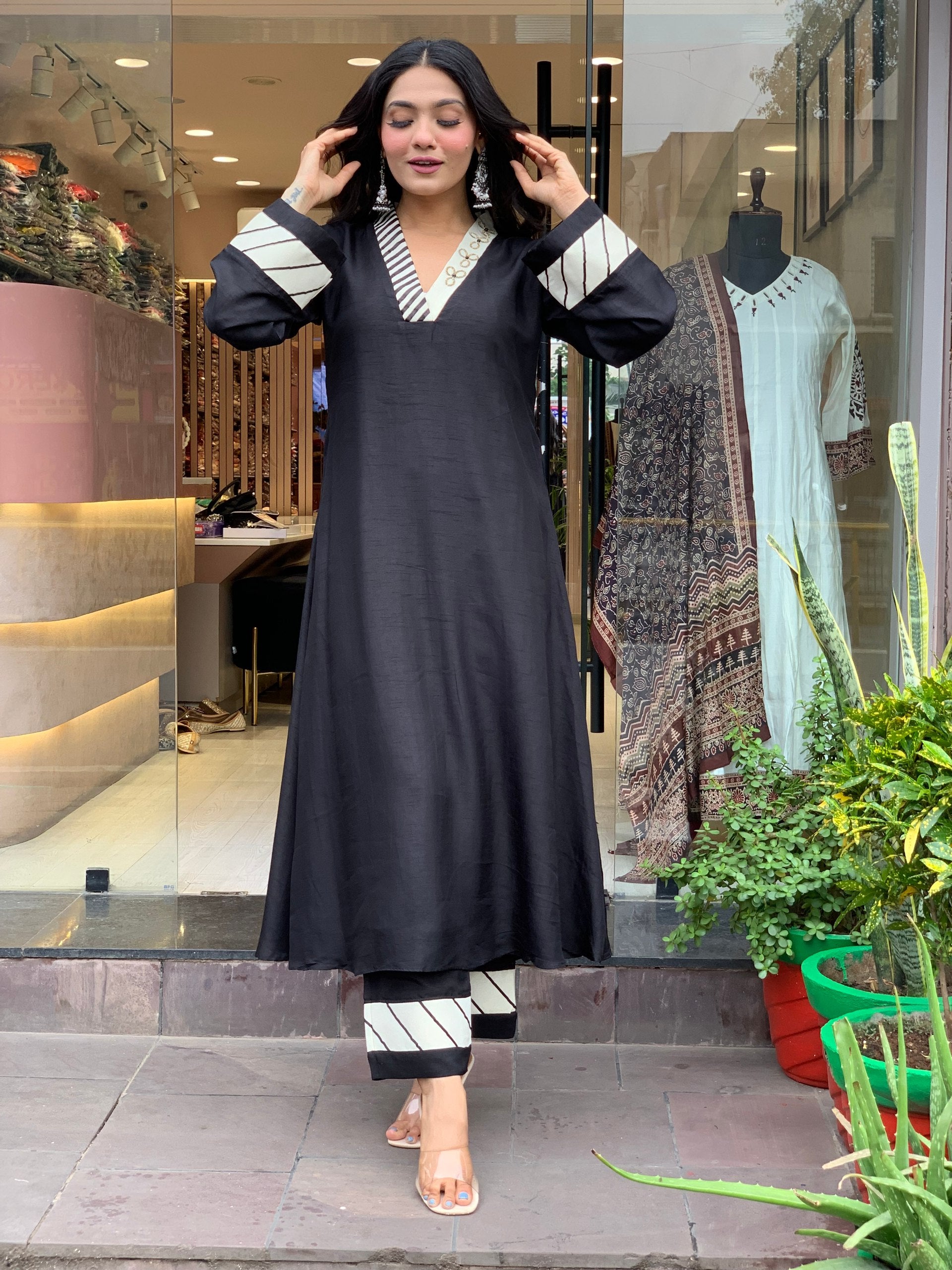 Black Anarkali Kurta With Printed Neck And Sleeve Opening With Pant Set