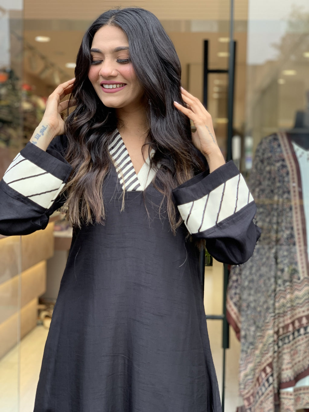 Black Anarkali Kurta With Printed Neck And Sleeve Opening With Pant Set