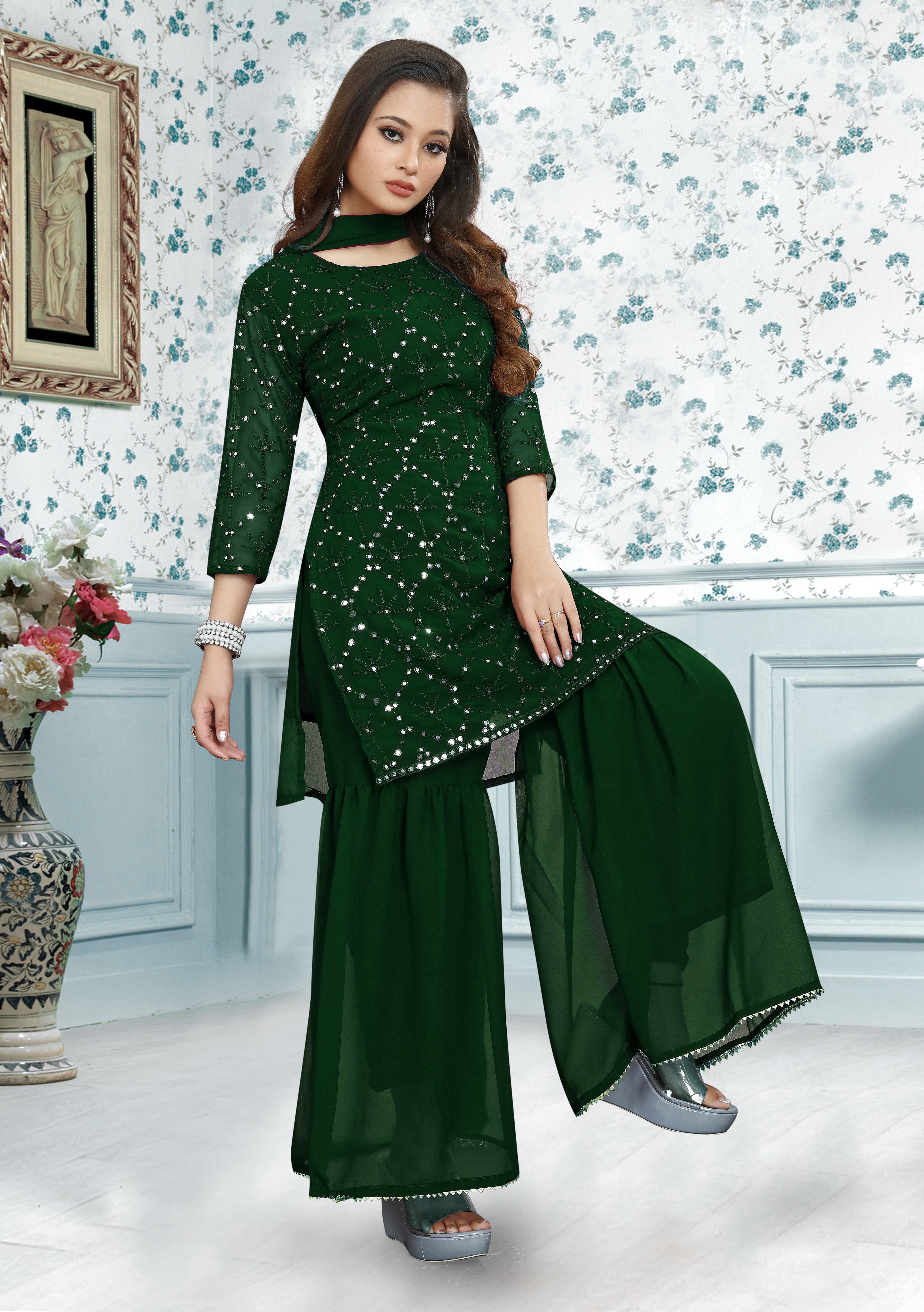 Embroidery Mirror Work Kurti, Sharara And Dupatta Set