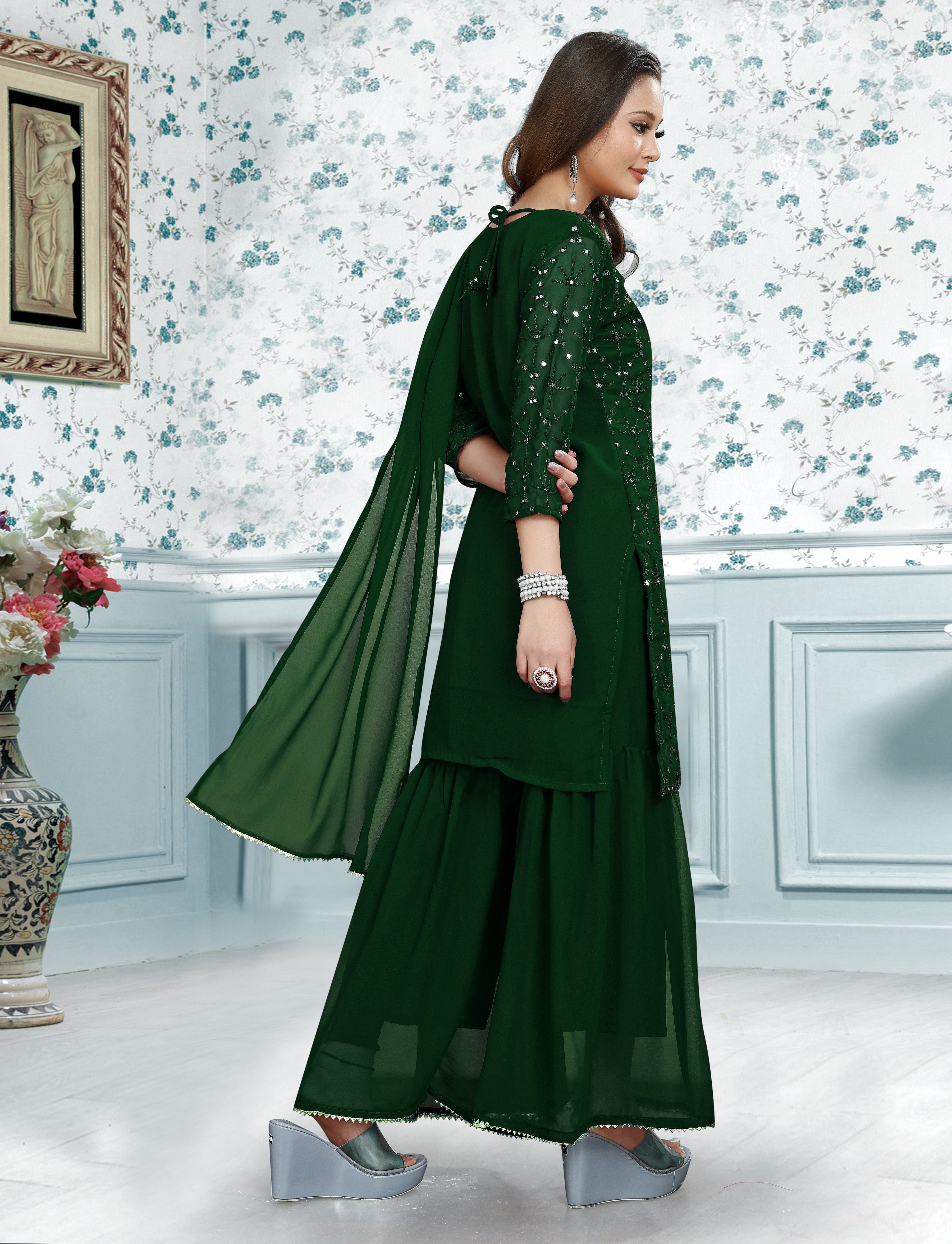 Embroidery Mirror Work Kurti, Sharara And Dupatta Set