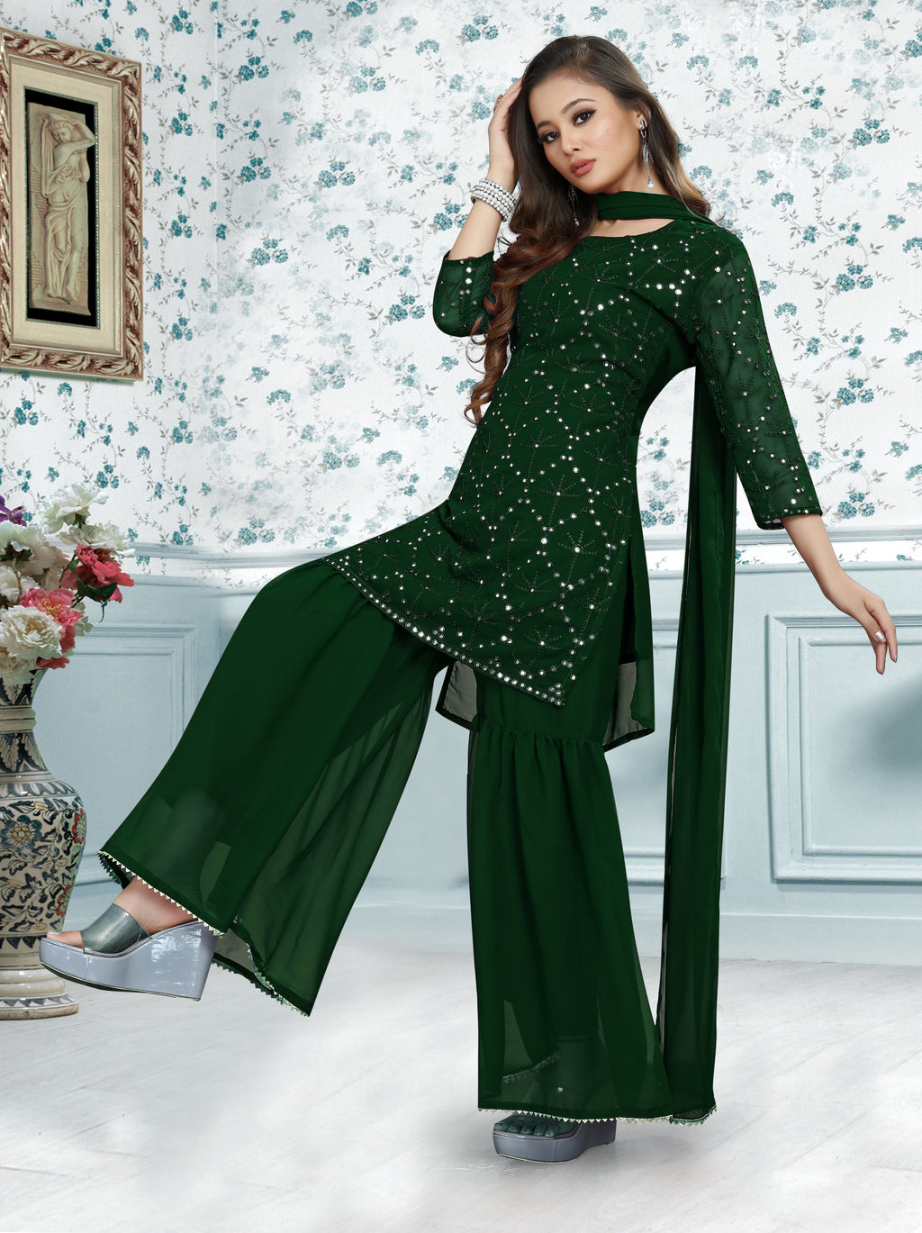 Embroidery Mirror Work Kurti, Sharara And Dupatta Set