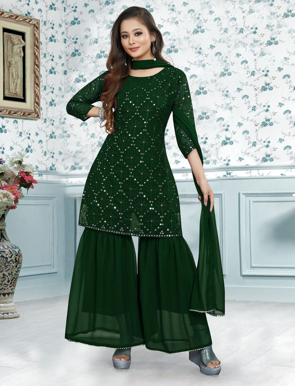 Embroidery Mirror Work Kurti, Sharara And Dupatta Set
