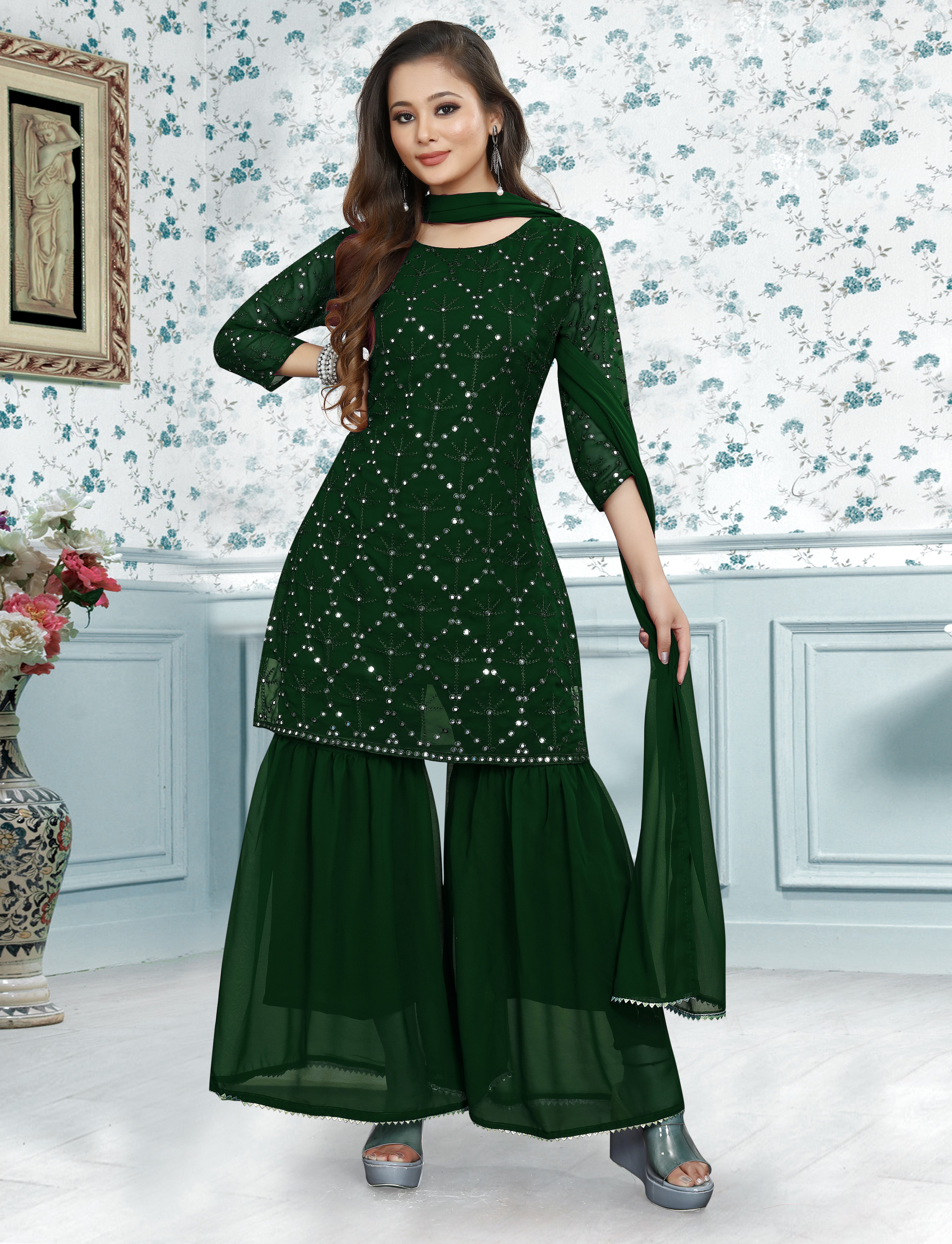 Embroidery Mirror Work Kurti, Sharara And Dupatta Set