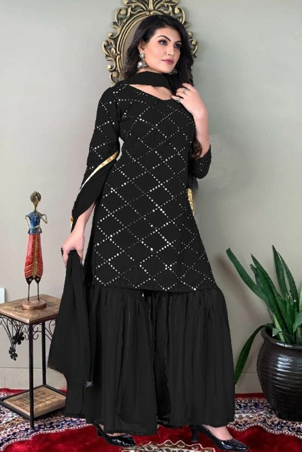 Embroidery Mirror Work Kurti, Sharara And Dupatta Set