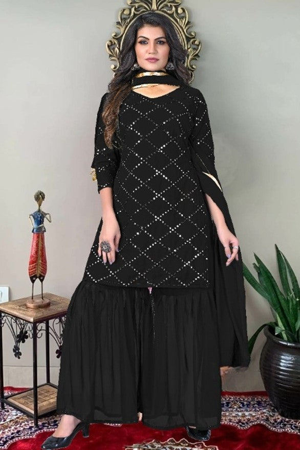 Embroidery Mirror Work Kurti, Sharara And Dupatta Set