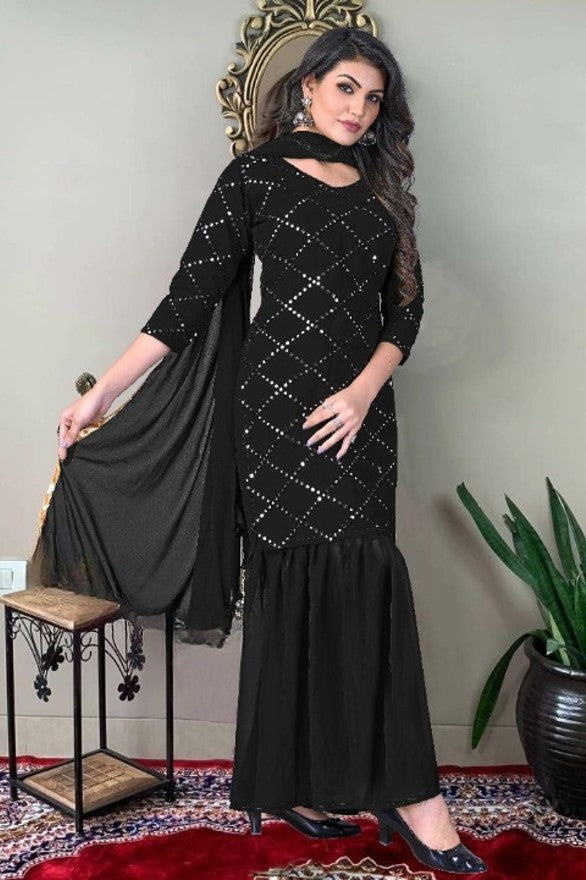 Embroidery Mirror Work Kurti, Sharara And Dupatta Set