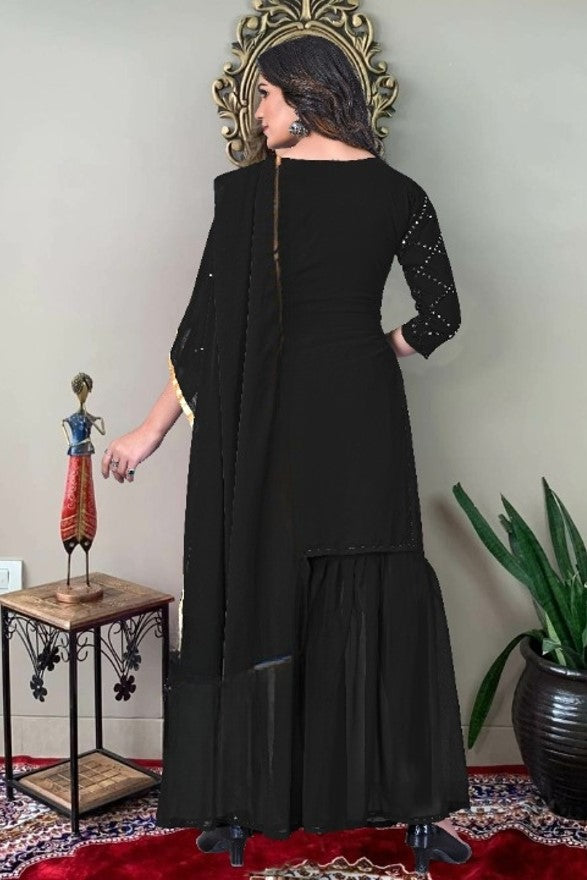 Embroidery Mirror Work Kurti, Sharara And Dupatta Set