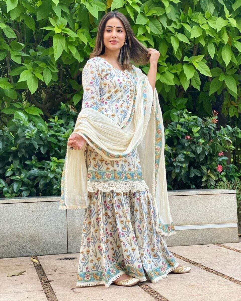 Printed Kurti, Sharara And Dupatta Set With Lace Border At Hem