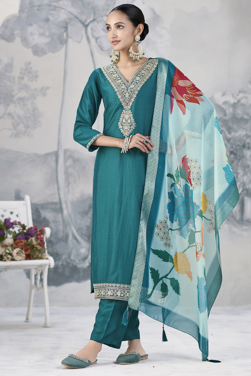 Embroidered Kurta With Pant And Jaquared Printed Dupatta Set