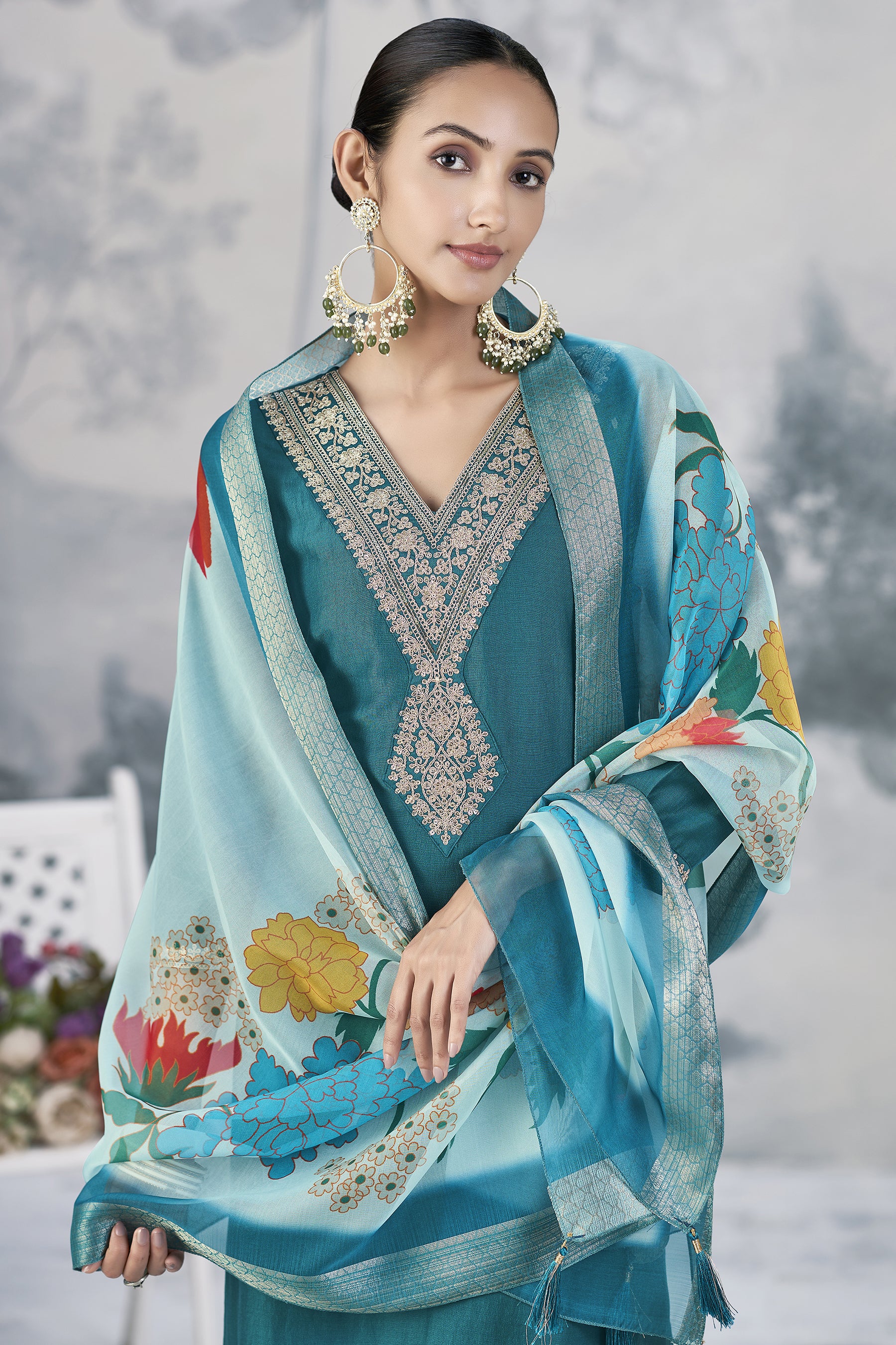 Embroidered Kurta With Pant And Jaquared Printed Dupatta Set