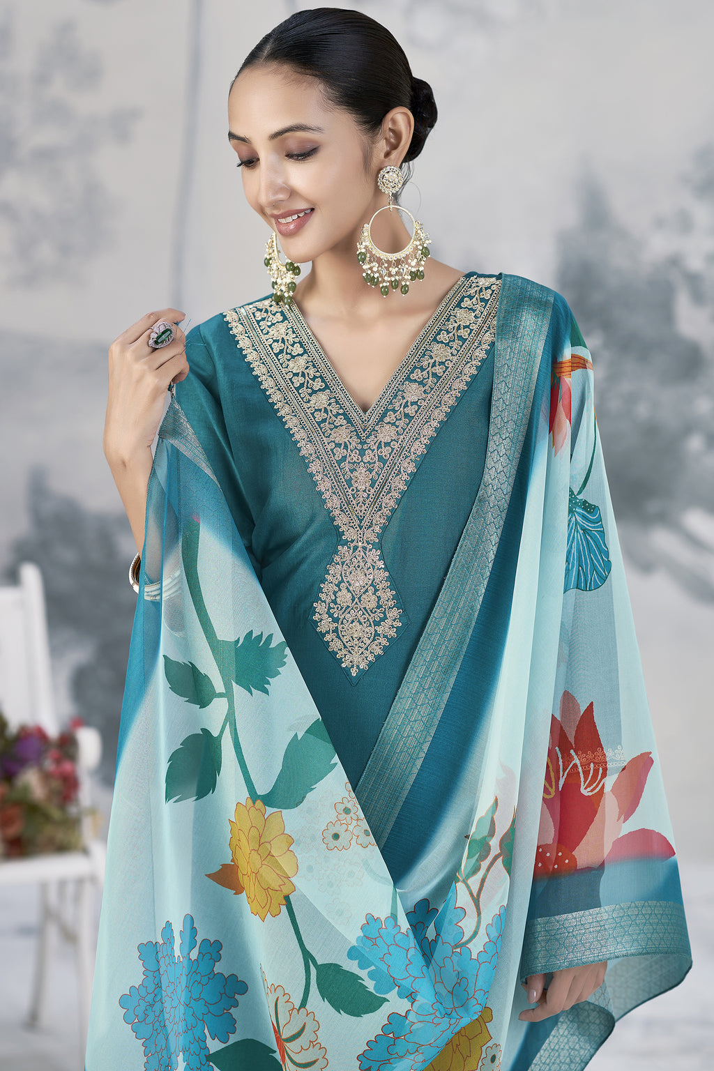 Embroidered Kurta With Pant And Jaquared Printed Dupatta Set